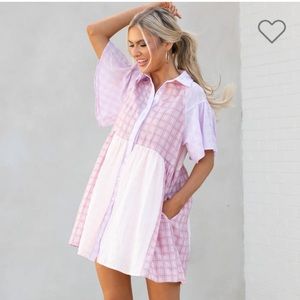 Shop red dress plaid pink color blocked dress